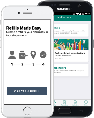 Medicap Pharmacy mobile app shown on two smartphones